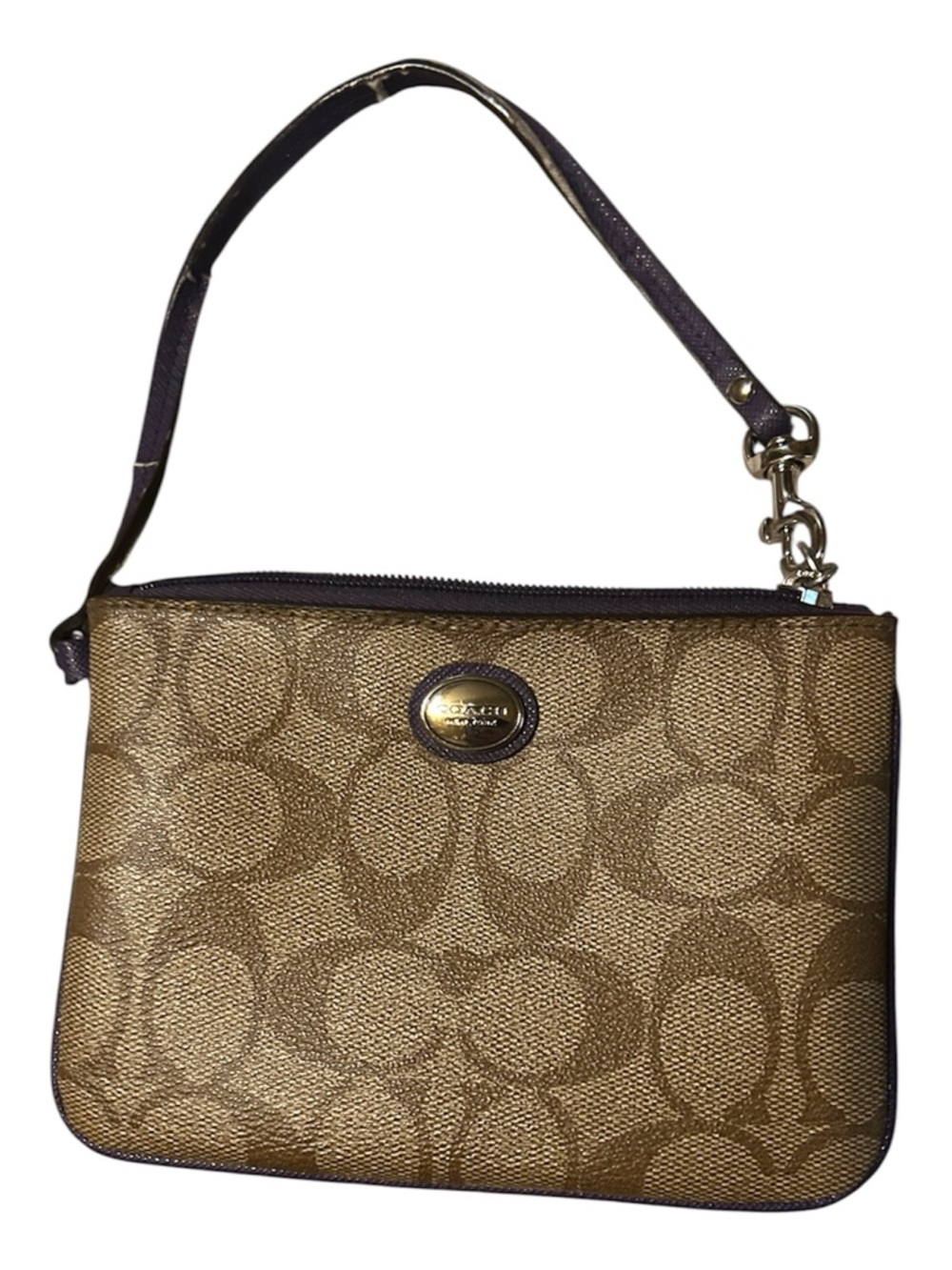 Coach Brown Signature Wristlet with Purple Trim & Interior
